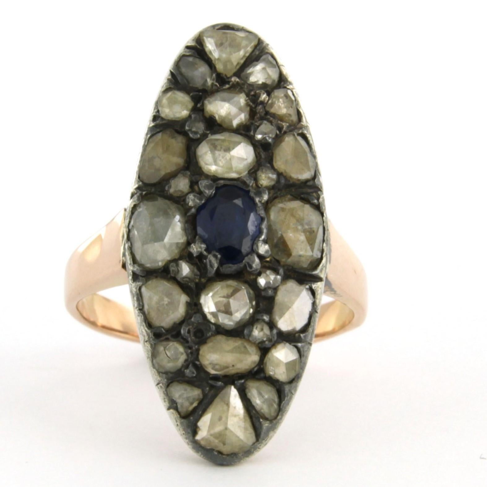 Anello con zaffiro e diamanti taglio rosa fino a 1,00 carati in oro e argento 14k in vendita 1