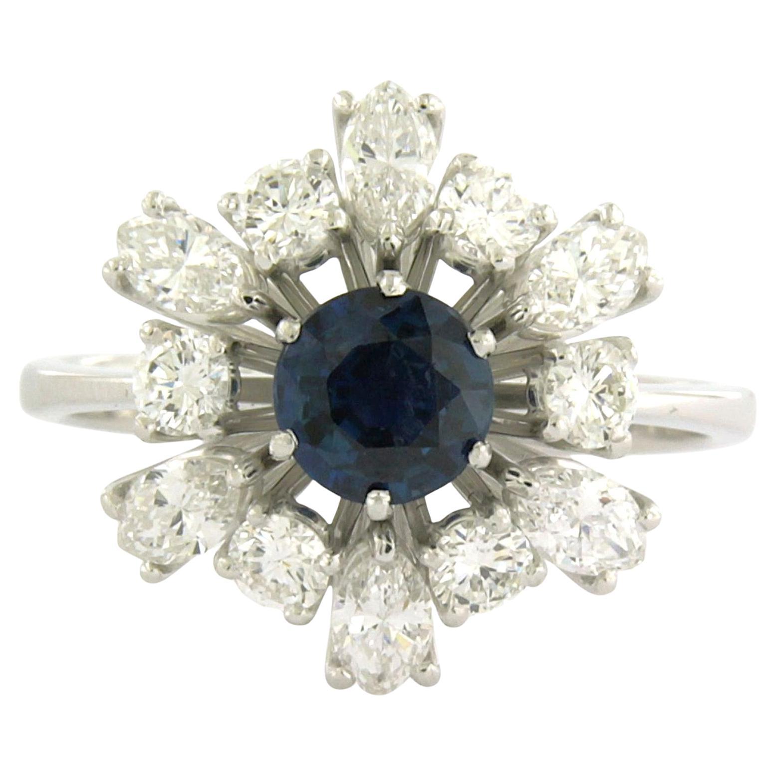 Ring with sapphire, marquise and brilliant cut diamonds up to 1.00ct 18k gold For Sale