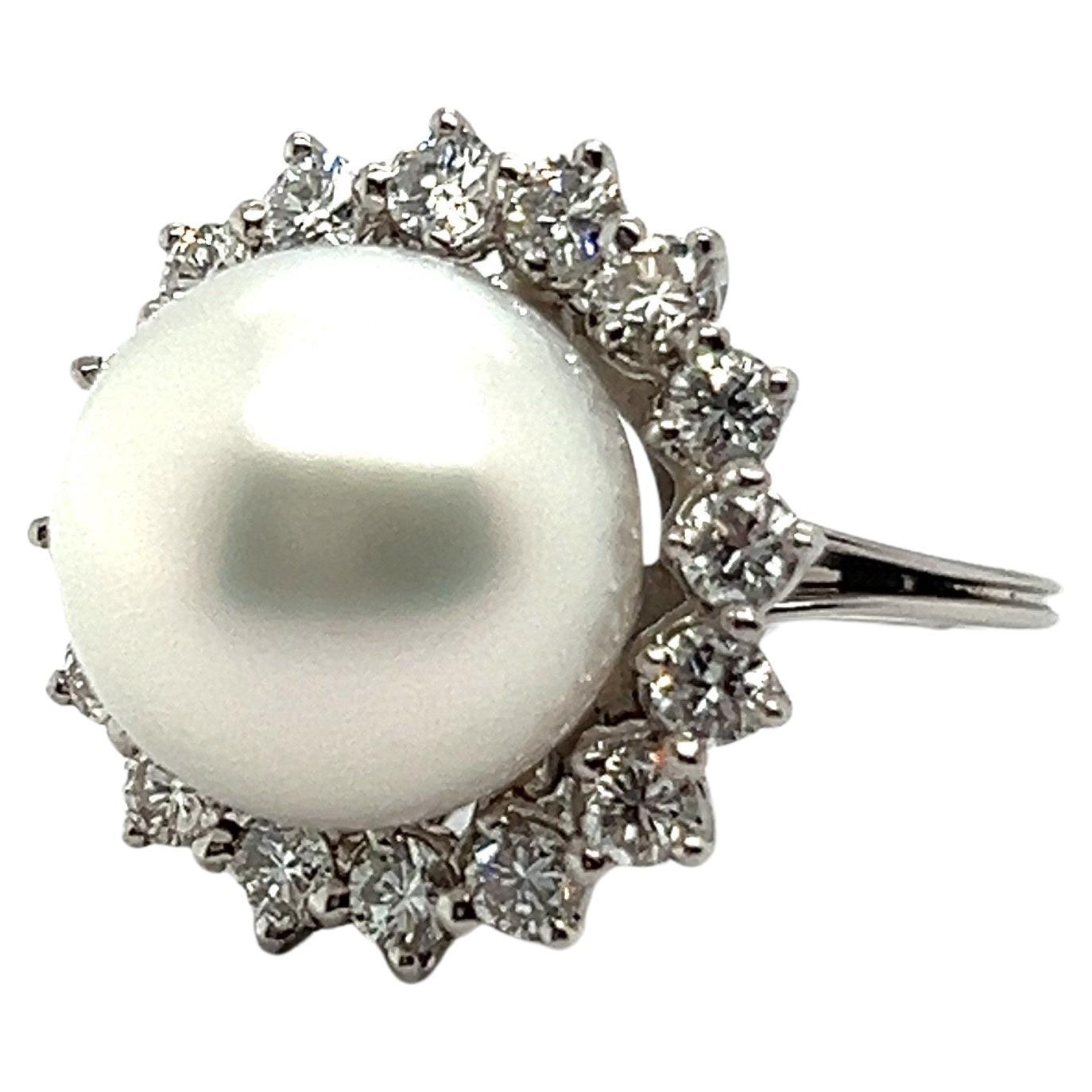 Ring with South Sea Cultural Pearl & Diamonds in 18 Karat White Gold For Sale