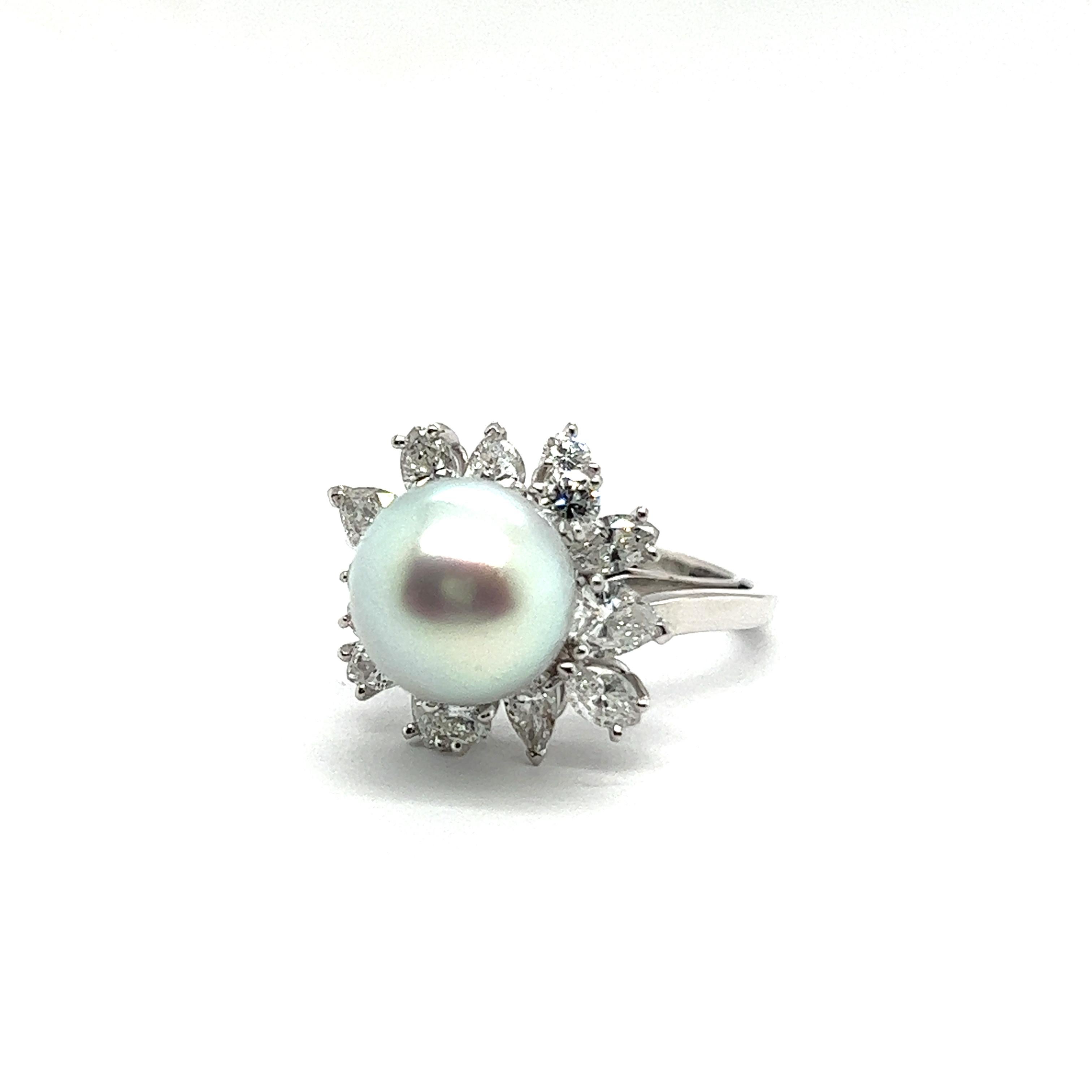 Round Cut Ring with South Sea Pearl and Diamonds in 18 Karat White Gold by Meister For Sale
