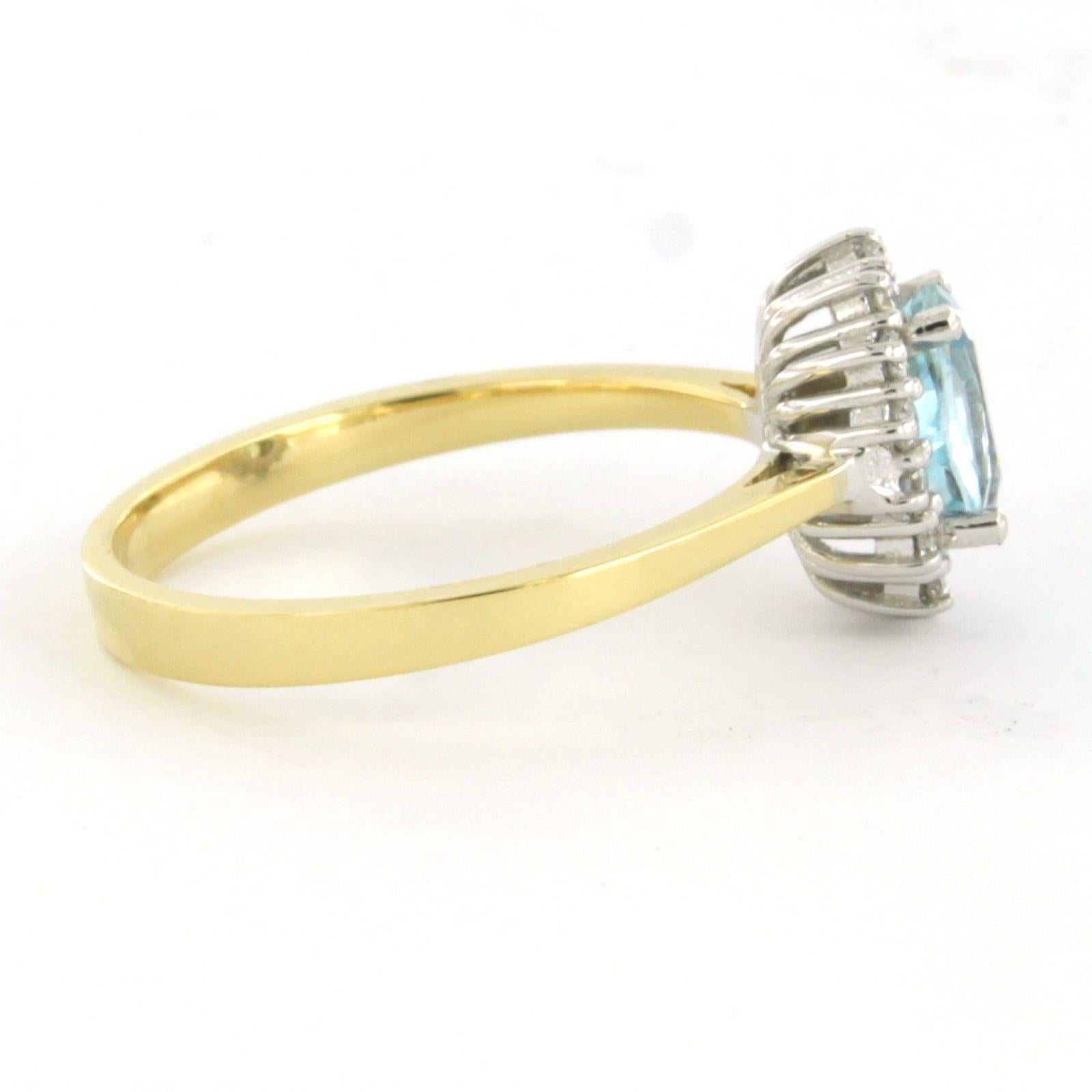 18k bicolor gold ring set with a topaz totaling approximately 0.90 ct and brilliant-cut diamonds up to 0.26 ct - F/G - VS/SI - ring size 17.5 (55)

Detailed description:

The top of the ring is oval, 1.1 cm long, 9.4 mm wide, and 6.2 mm high.

Ring