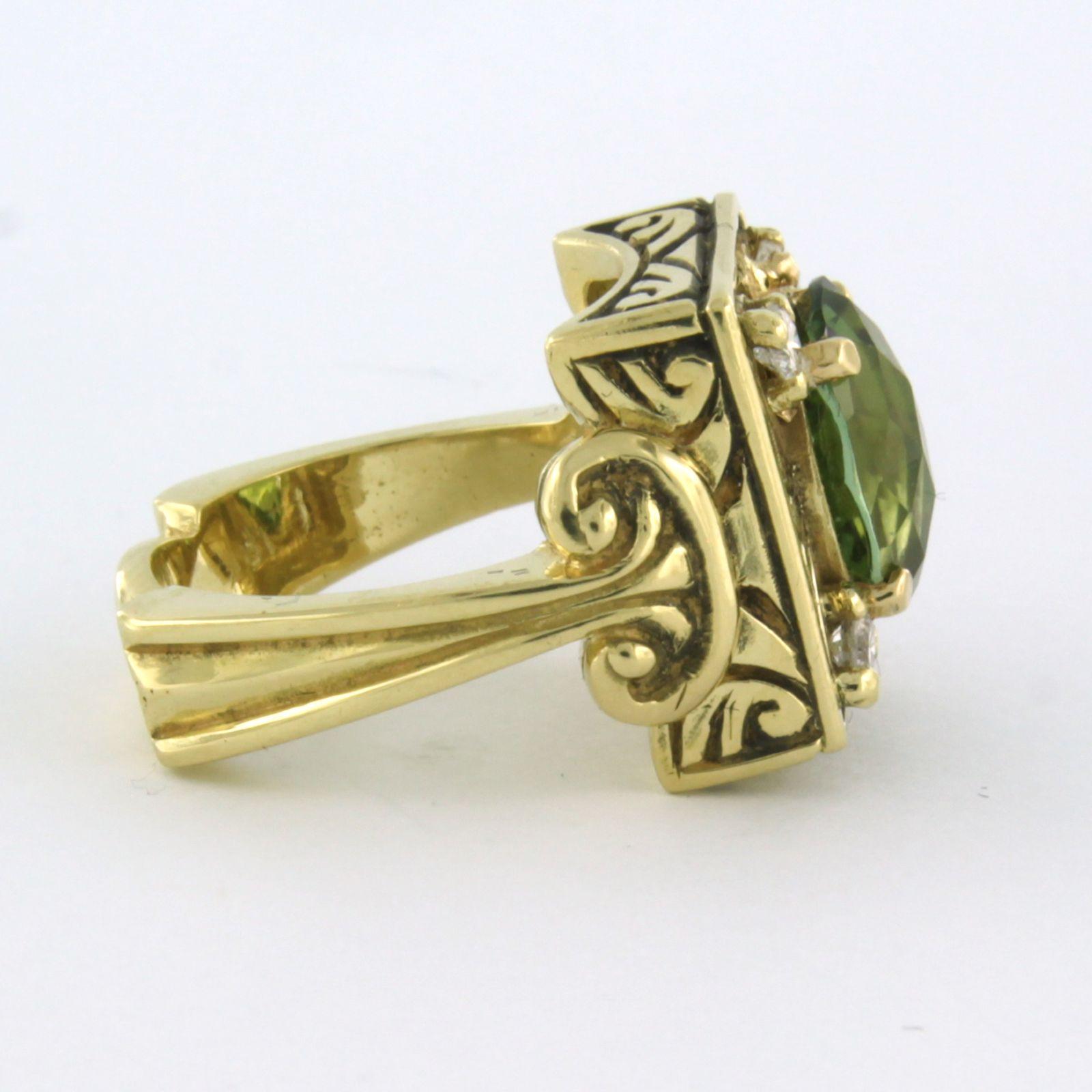 18k yellow gold ring set with tourmaline 2.40 ct and brilliant cut diamond 0.16 ct -F/G - VS/SI - ring size U.S. 6.0 - EU. 16.5(52)

Detailed description

the top of the ring is 1.5 cm wide and 7.5 mm high

ring size U.S. 6.0 - EU. 16.5(52), the