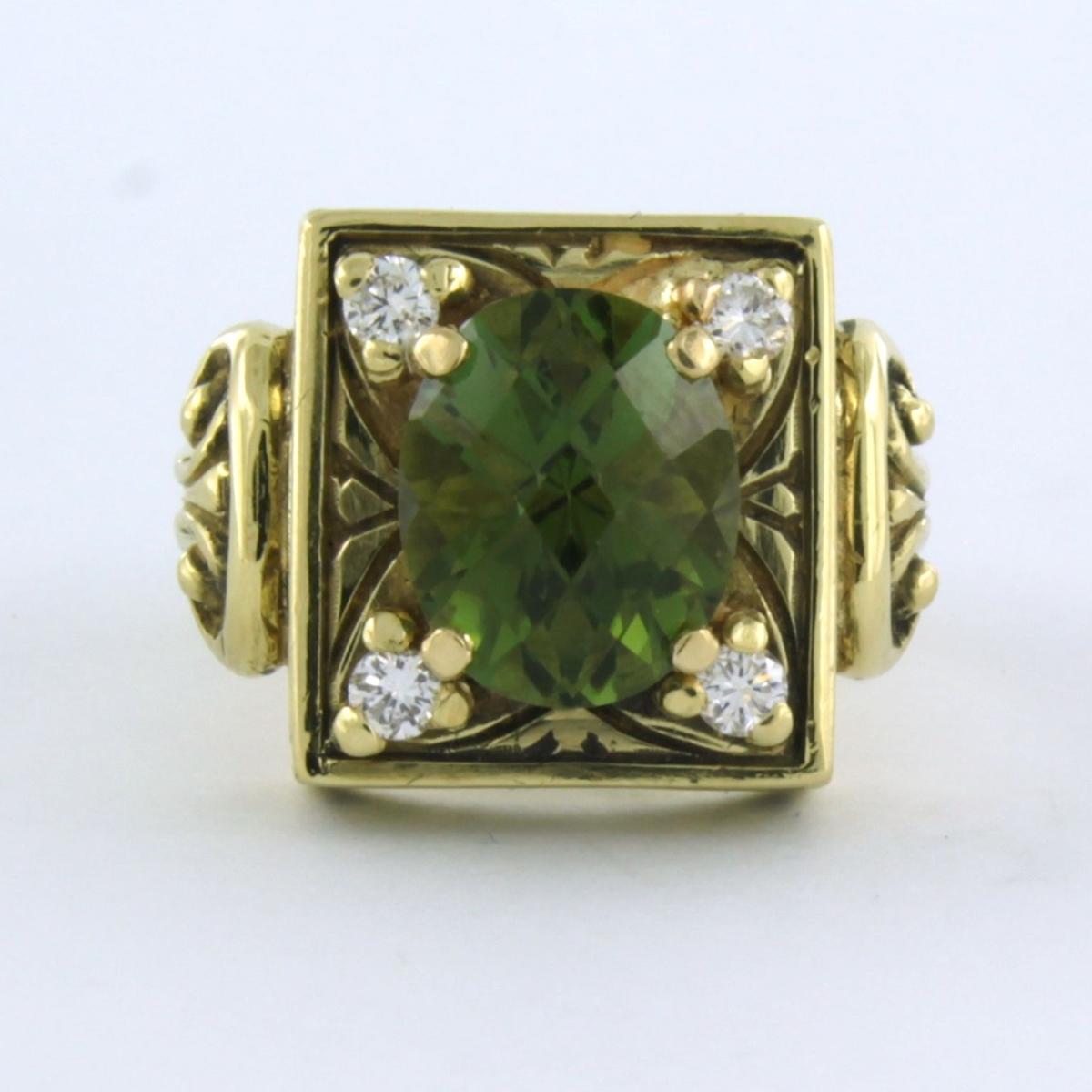 18k yellow gold ring set with tourmaline 2.40 ct and brilliant cut diamond 0.16 ct -F/G - VS/SI - ring size U.S. 6.0 - EU. 16.5(52)

Detailed description

the top of the ring is 1.5 cm wide and 7.5 mm high

ring size U.S. 6.0 - EU. 16.5(52), the