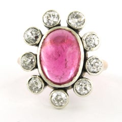 Ring with Tourmaline and old mine cut diamonds up to 1.50ct 10k gold and silver