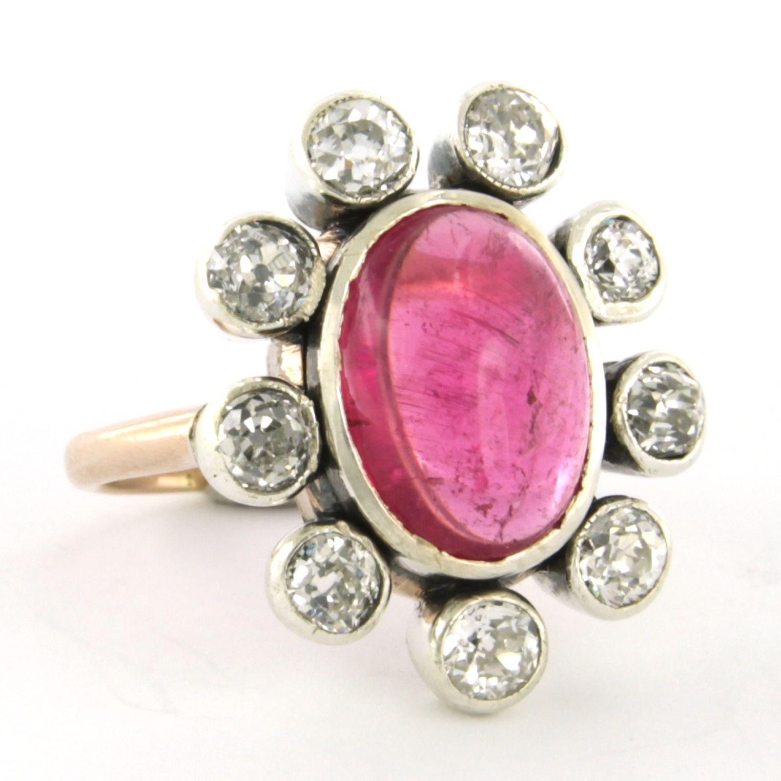 Early Victorian Ring with Tourmaline and old mine cut diamonds up to 1.50ct 10k gold and silver