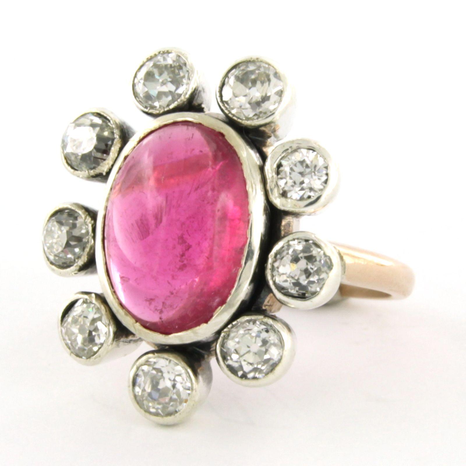 Old Mine Cut Ring with Tourmaline and old mine cut diamonds up to 1.50ct 10k gold and silver