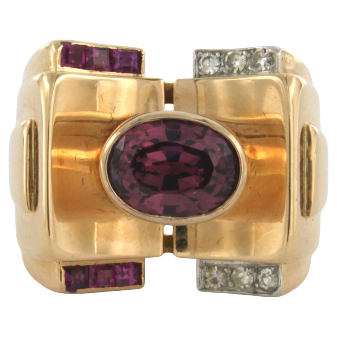Ring with Tourmaline and ruby and diamonds 18k pink gold For Sale