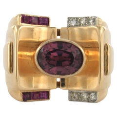 Retro Ring with Tourmaline and ruby and diamonds 18k pink gold