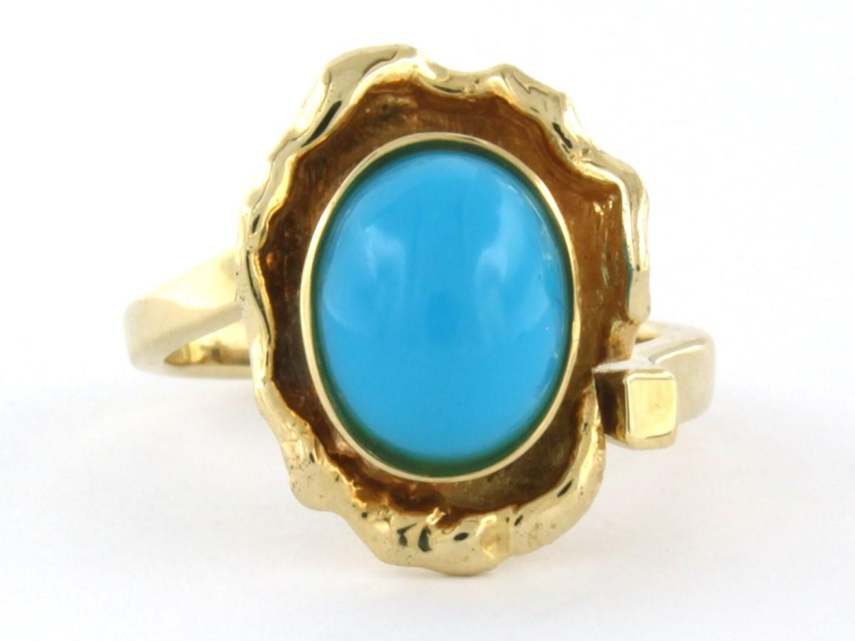 14k yellow gold ring set with turquoise - ring size US. 6 - EU. 16.5(52)

detailed description:

The top of the ring is 1.7 cm wide

ring size US 6 - EU. 16.5(52), ring can be enlarged or reduced a few sizes at cost price. Please contact us by email