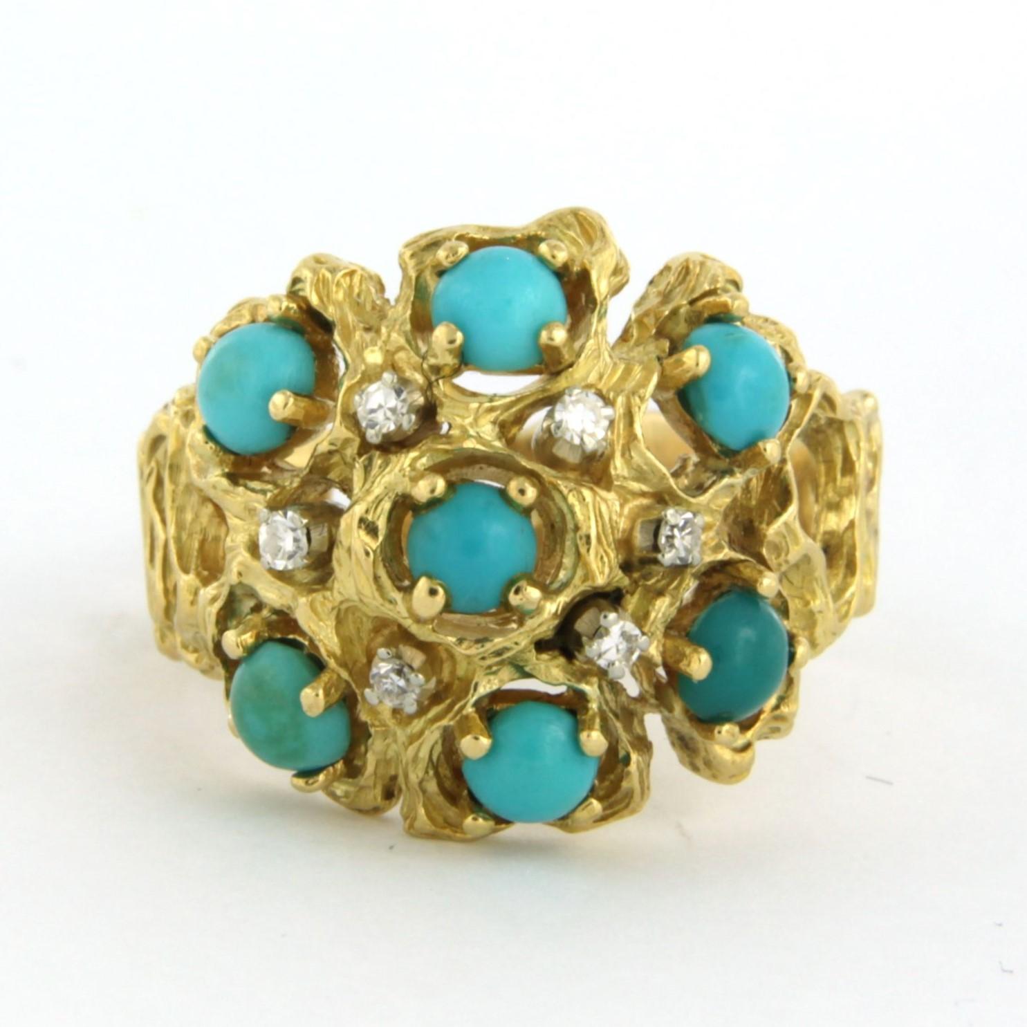 18 kt bicolour gold ring set with turquoise and single cut diamonds. F/G - US/SI - ring size U.S. 12 - EU. 21.5(65)

top of the ring is 1.9 cm wide by 7.0 mm high

weight 13.0 grams

ring size U.S. 12 - EU. 21.5(65)

put with

- 7 x 3.8 mm round