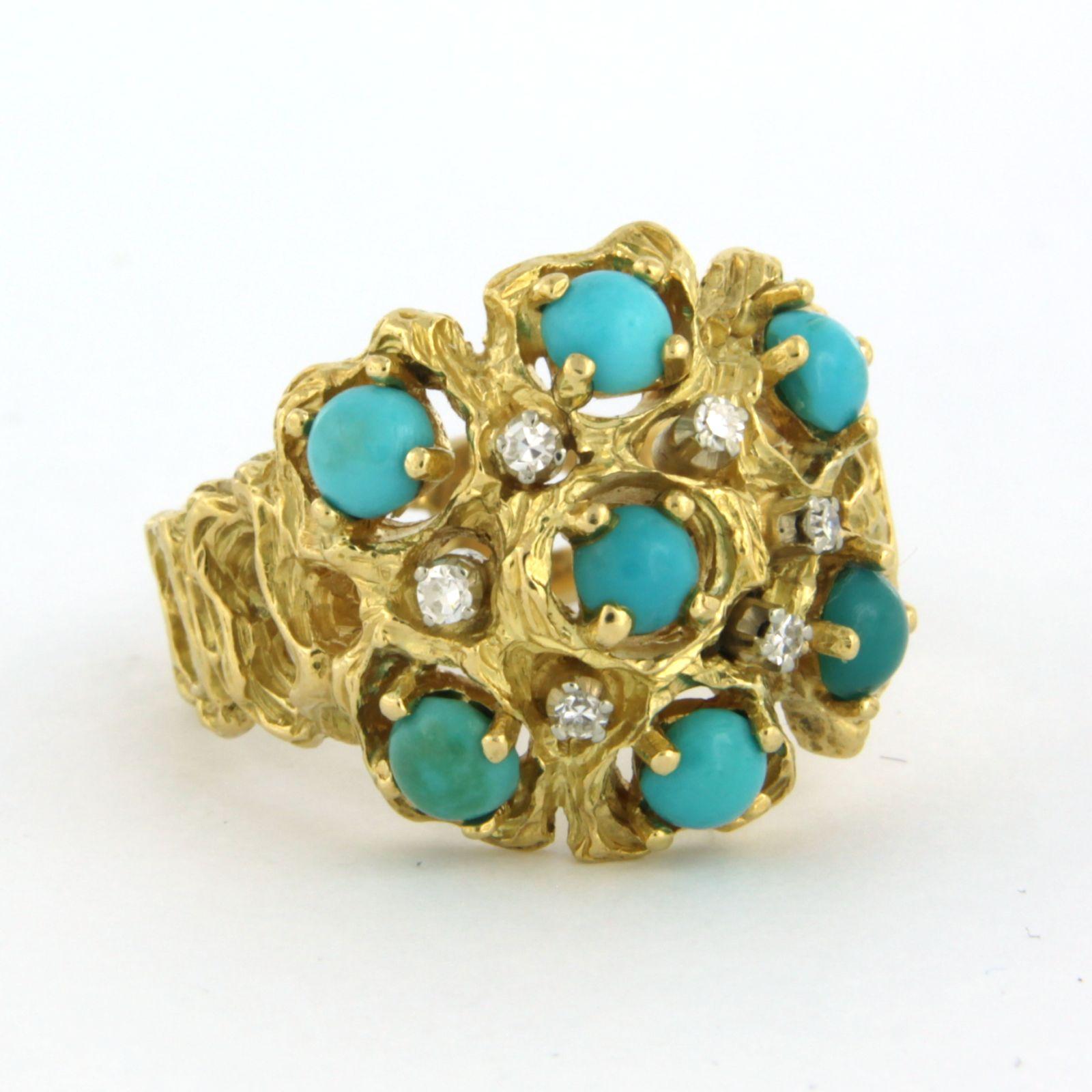 Single Cut Ring with turquoise and diamond 18k yellow gold For Sale