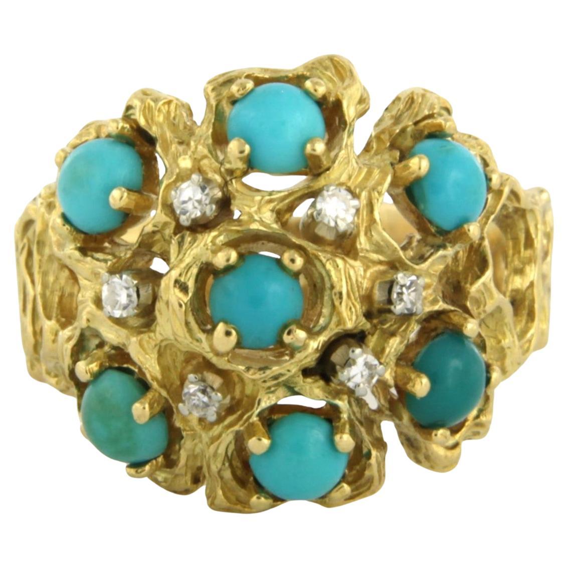 Bague en or jaune 18 carats avec turquoise et diamants en vente