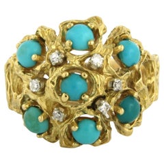 Vintage Ring with turquoise and diamonds up to 0.05ct 18k yellow gold