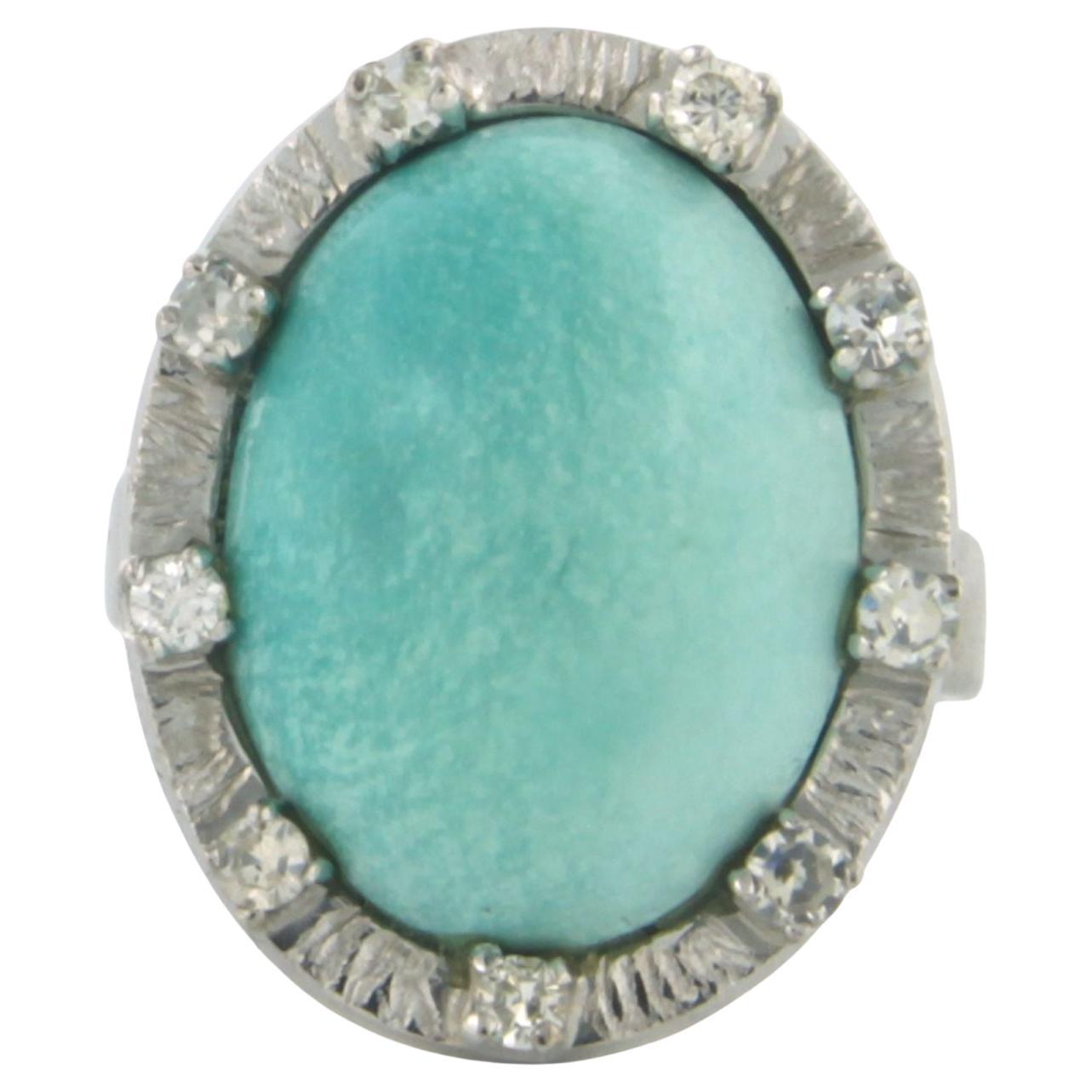Ring with turquoise and single cut diamonds 0.18ct 18k white gold