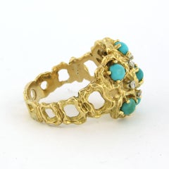 Ring with turquoise and single cut diamonds up to 0.05ct 18k gold 13.0 grams