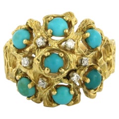 Ring with turquoise and single cut diamonds up to 0.05ct 18k gold 13.0 grams