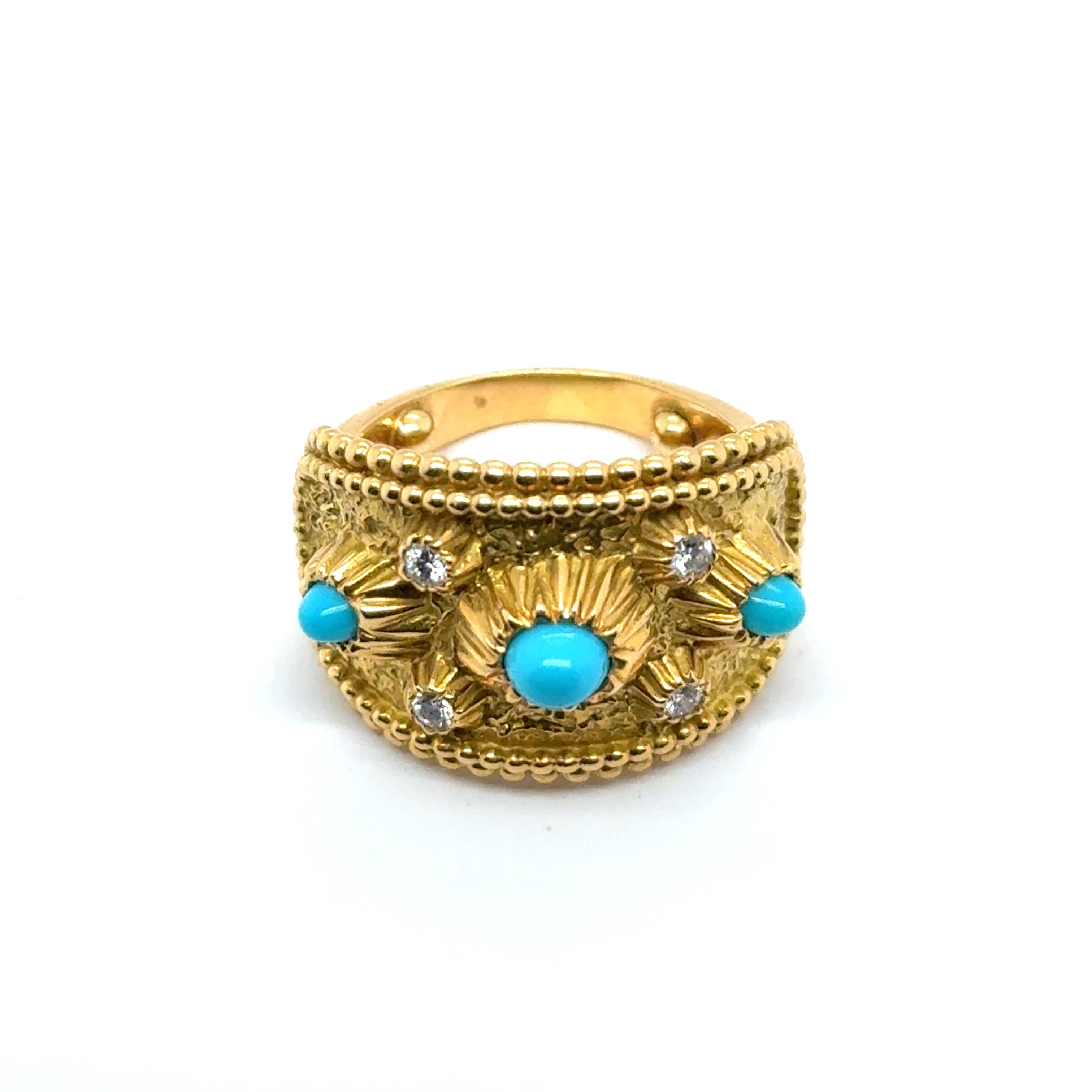 This exquisite Gübelin ring is a stunning fusion of artistry and refinement. Crafted from 18 Karat yellow gold, it showcases intricate goldwork, including beaded edges and floral-inspired detailing. 

At its heart, three luminous round-cut