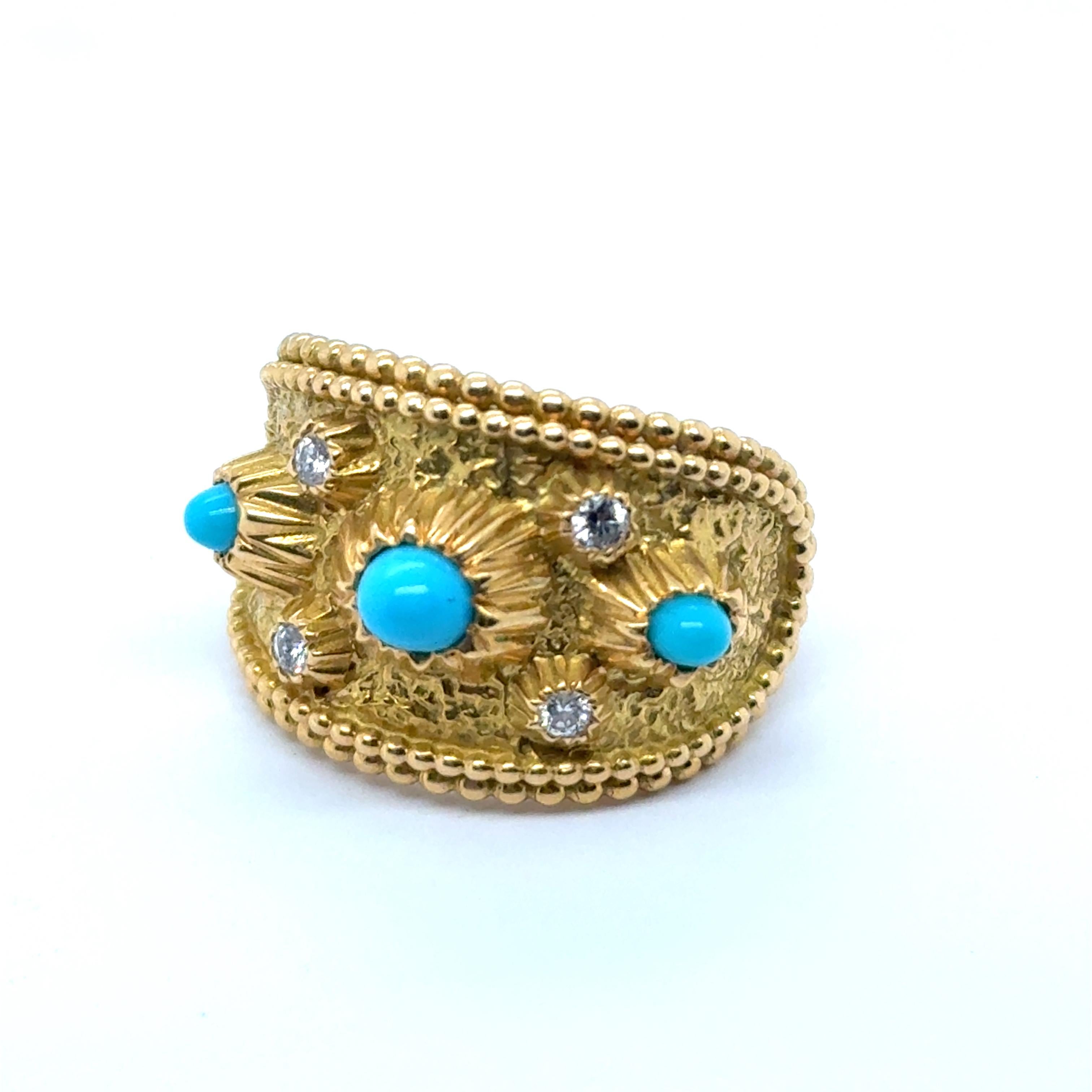 Round Cut Ring with Turquoise & Diamonds in 18 Karat Yellow Gold by Gübelin For Sale