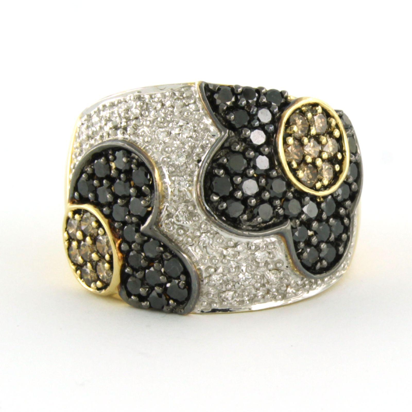 Bicolor-Ring aus 18 Karat Gold, besetzt mit weißen, schwarzen und champagnerfarbenen Diamanten von bis zu 2,30 ct, Ringgröße U.S. 9,5 - EU. 19.5 (61)

detaillierte Beschreibung:

Der Ring ist 1,8 cm breit

Ringgröße US 9.5 - EU. 19.5 (61), Ring kann