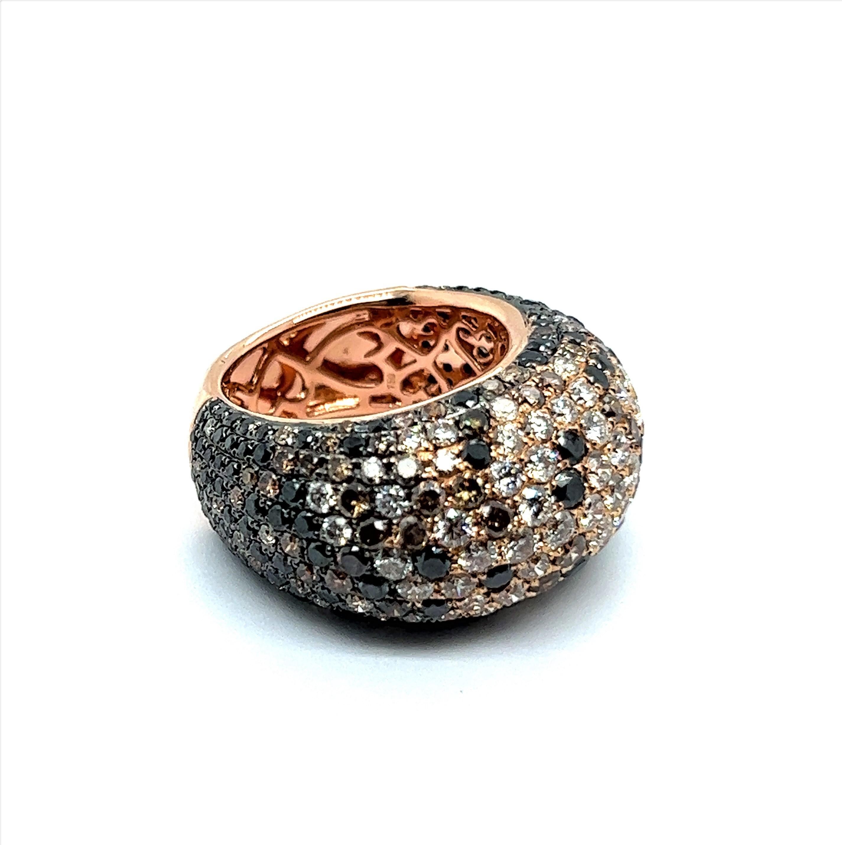 Artisan Ring with White, Black and Champange Diamonds in 18 Karat Red Gold For Sale