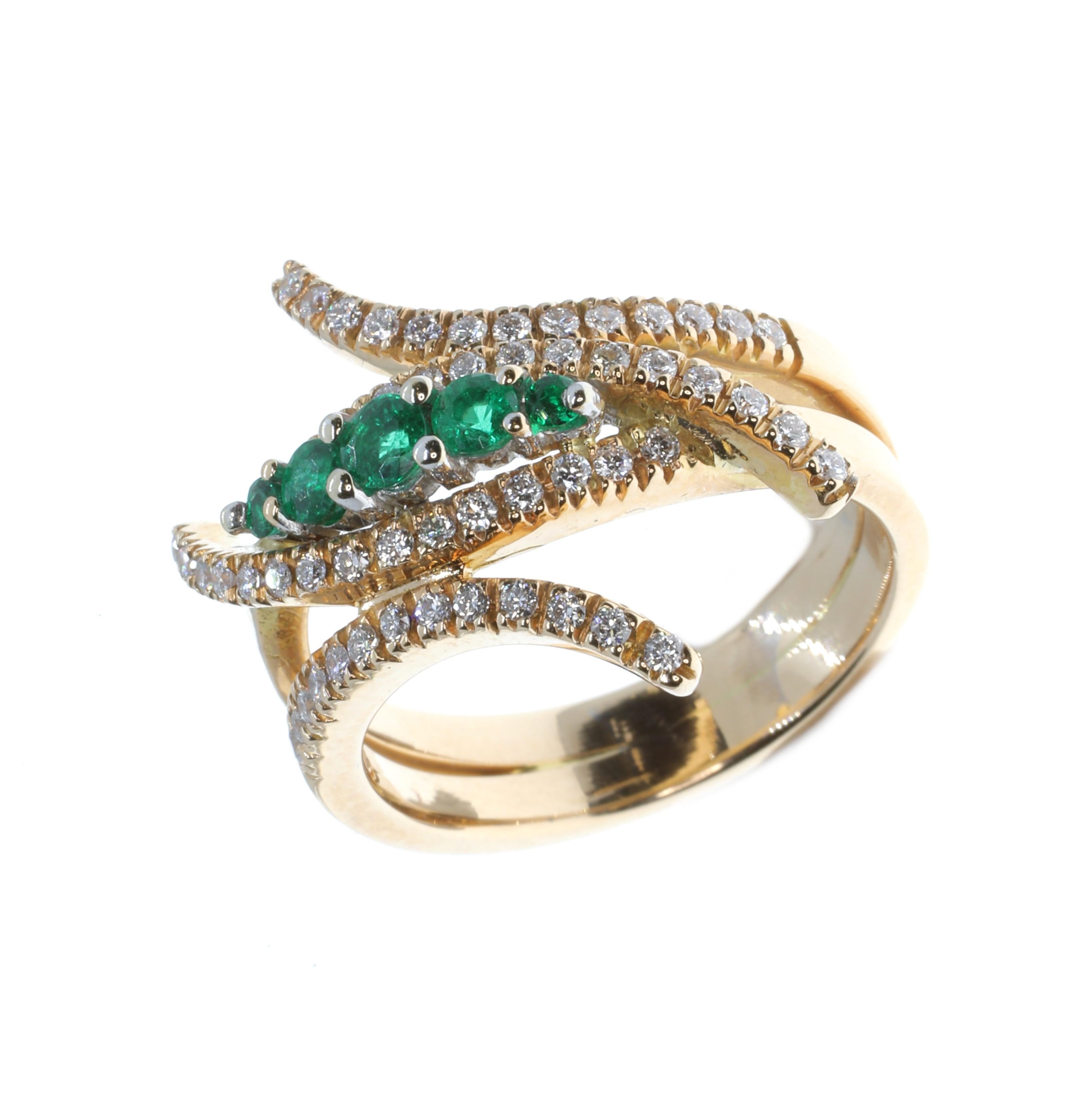 Spectacular, modern and luxurious, this 18-karat rose gold ring is a statement piece. Masterfully created by hand, the design and colour combination demand attention. This ring features carefully selected emeralds and diamonds, which are set in