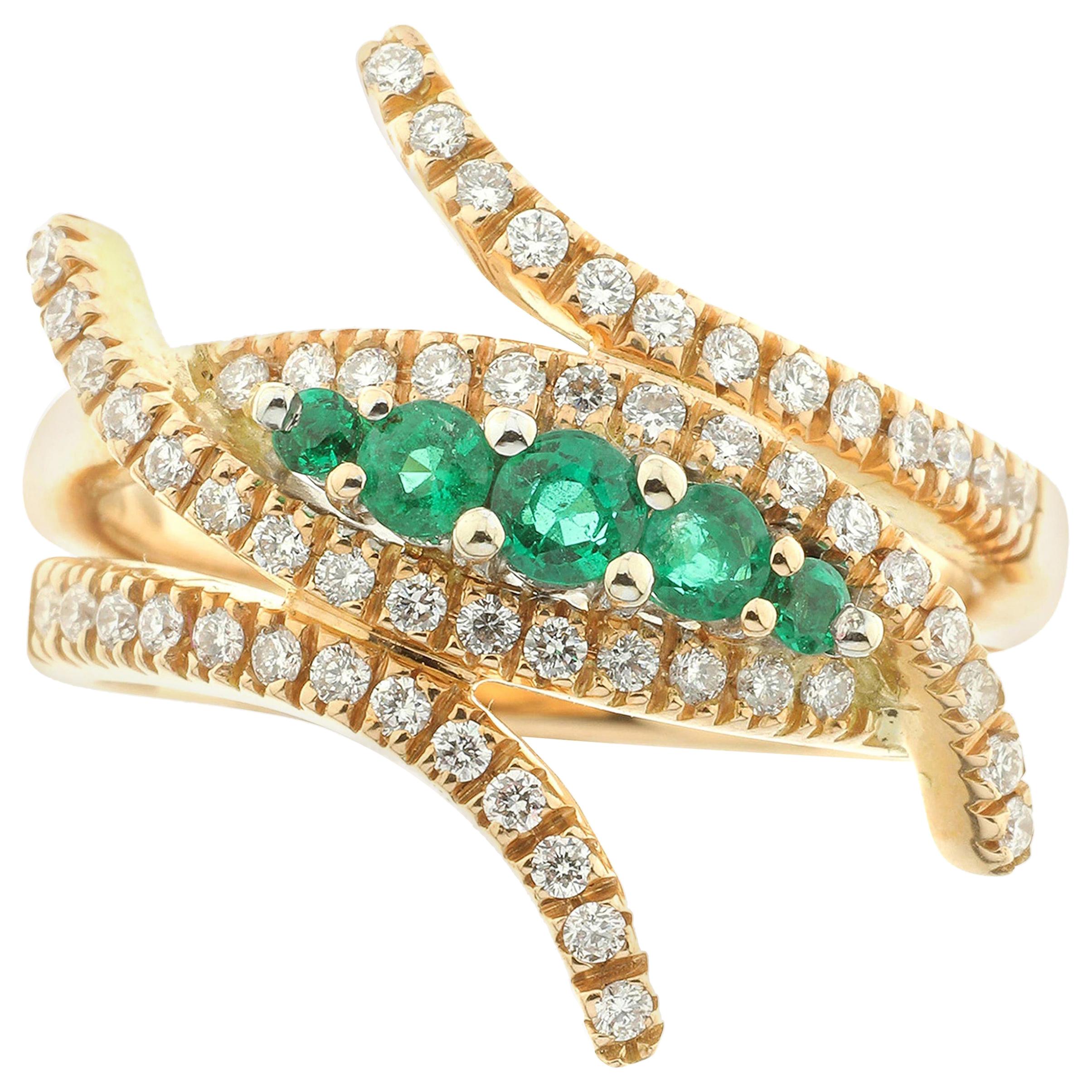 21st Century 18 Karat Rose Gold White Diamonds and Emeralds Ring For Sale