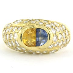 Anello con zaffiro giallo e blu e diamante taglio brillante 1,50 carati in oro 18 carati