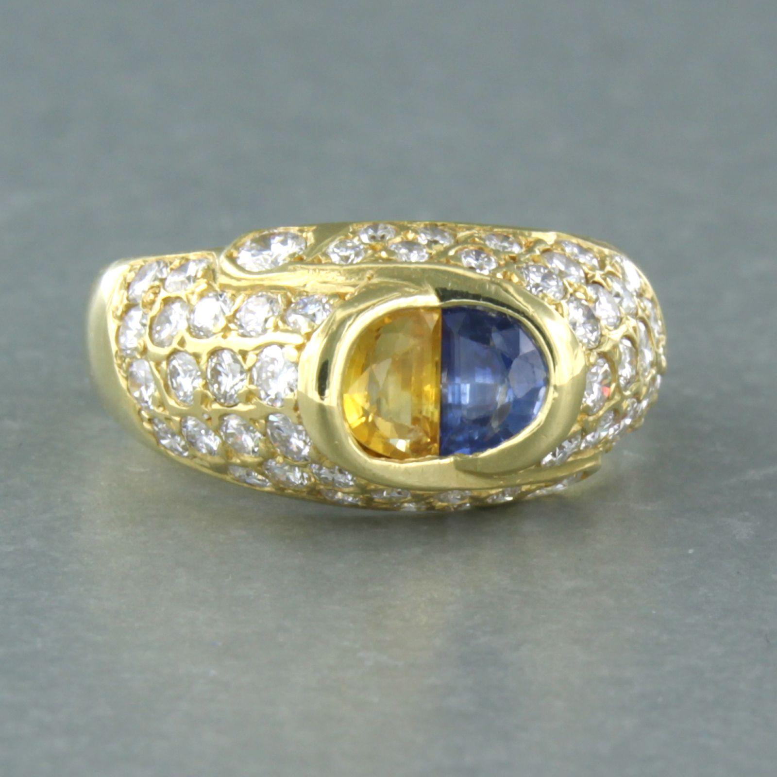 Modern Ring with yellow and blue sapphire, and diamond, 18k gold For Sale