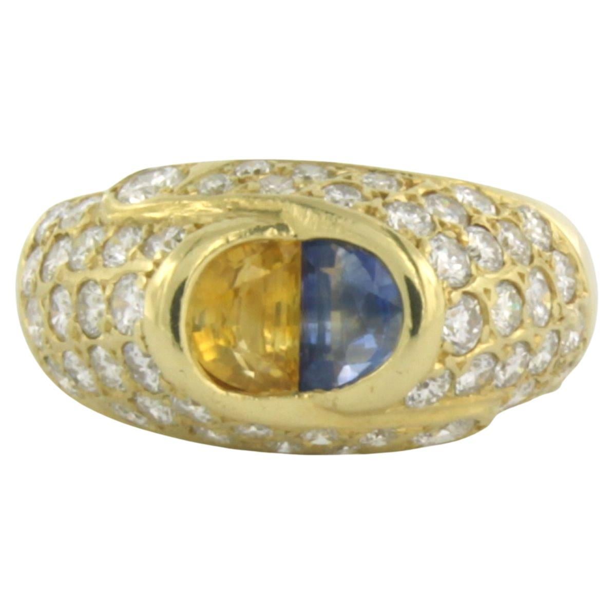 Ring with yellow and blue sapphire, and diamond, 18k gold For Sale