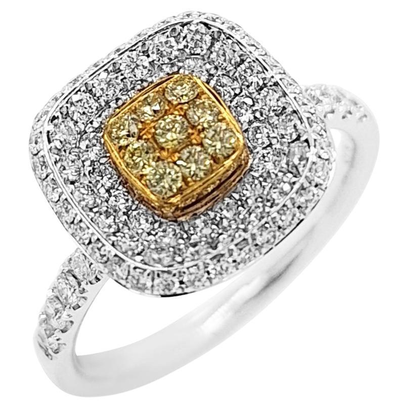 Anillo de oro y platino de 18 quilates con diamante amarillo y diamante blanco, talla brillante redonda en venta