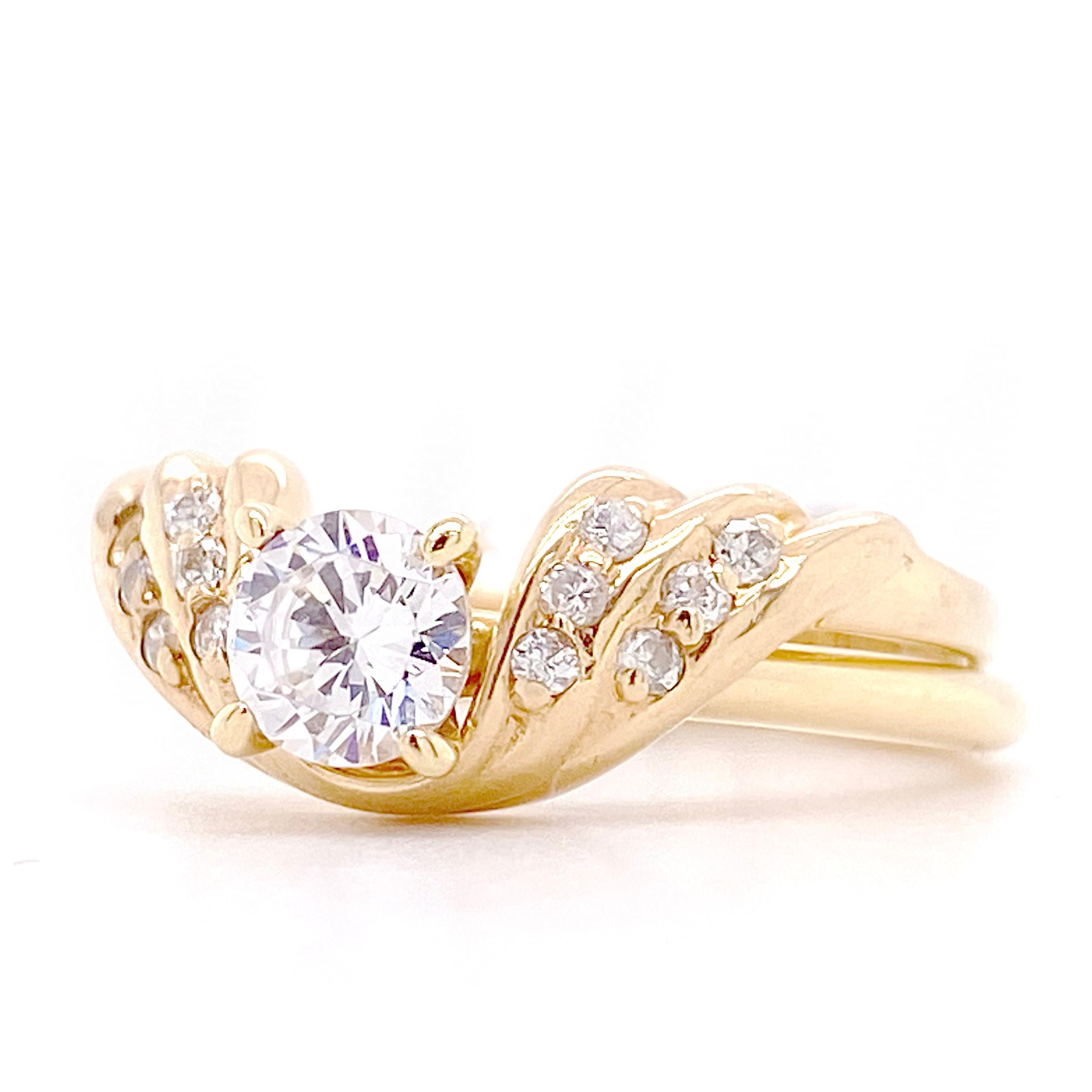This ring wraps around a plain solitaire perfectly. The solitaire can have four or six prongs and the wrap makes it look totally different. The wrap fits snuggly against the solitaire and locks in place. The ring is solid 14 karat yellow gold and