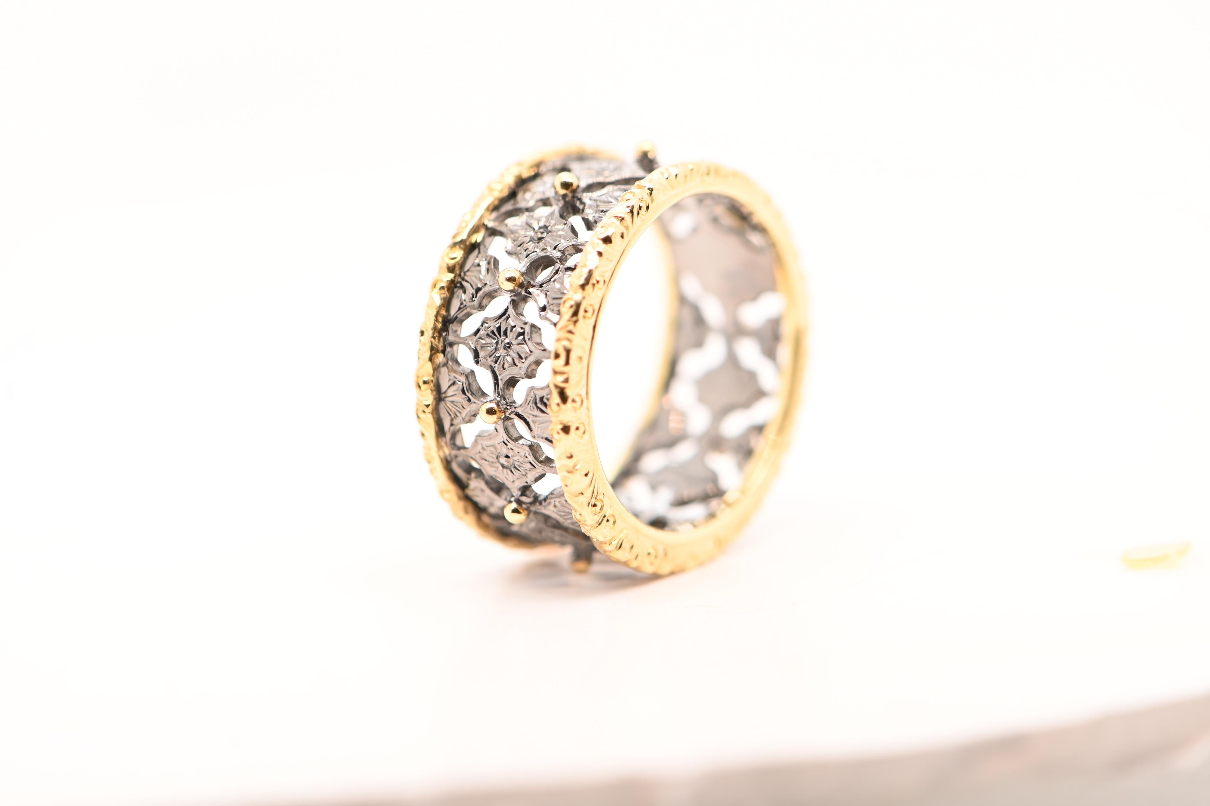 Contemporary Ring Yellow and Black Gold 18 Carats Lace Details and Gold Beads For Sale