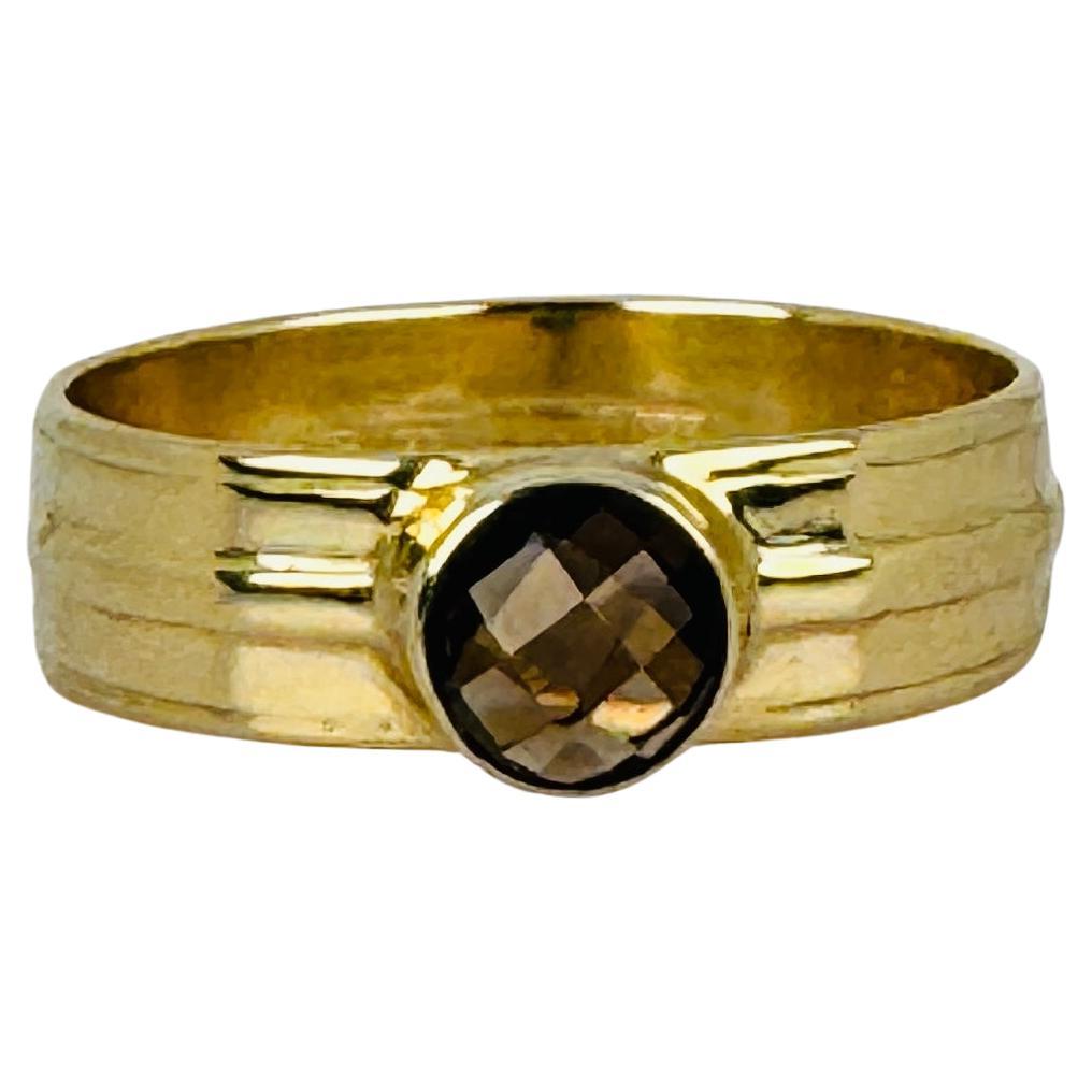 Ring Yellow Gold 14k with round facetted smokey quarts gemstone For Sale