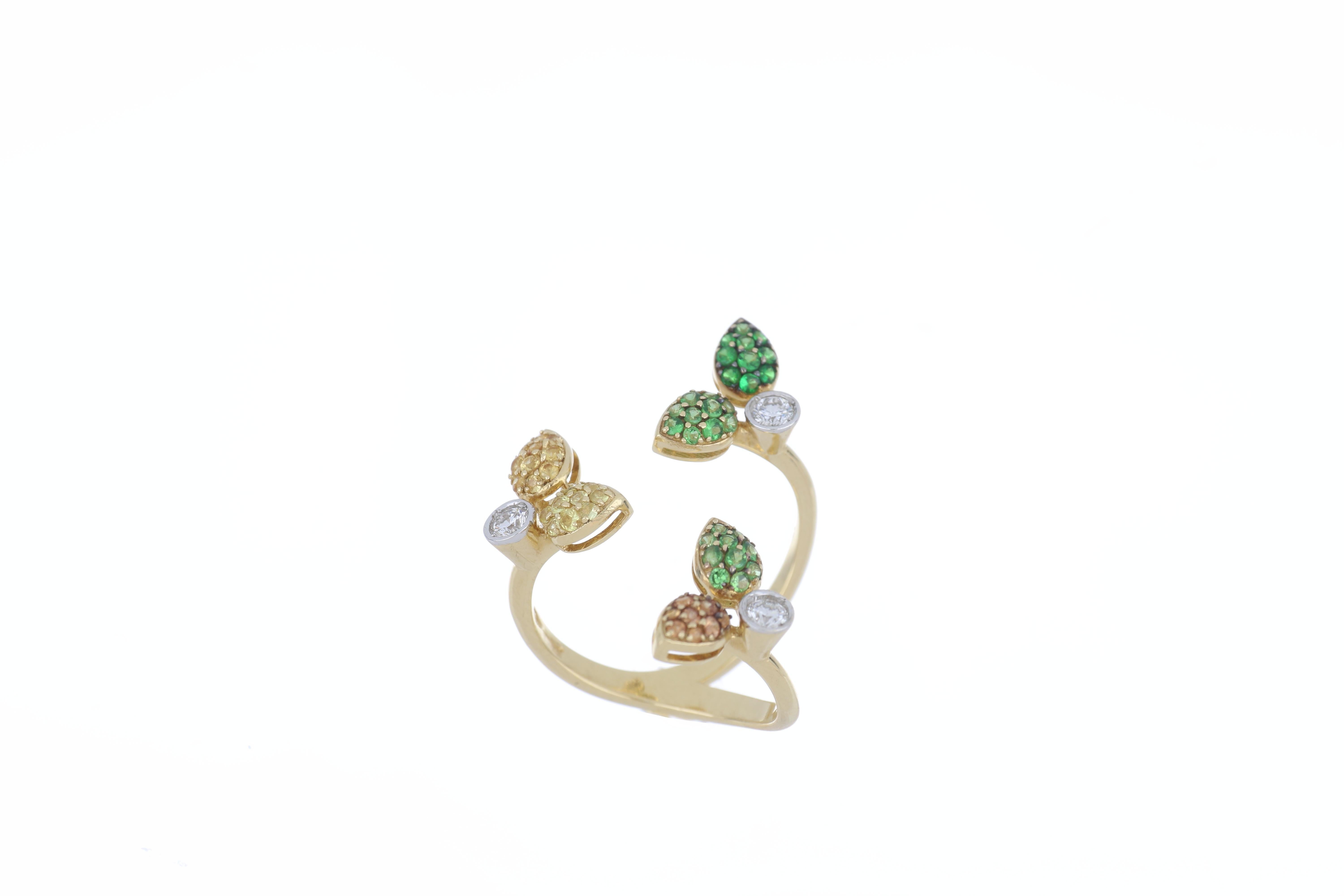 Women's Ring Yellow Gold 18 Karat White Diamond VS Color G and Sapphires and Tsavorite For Sale