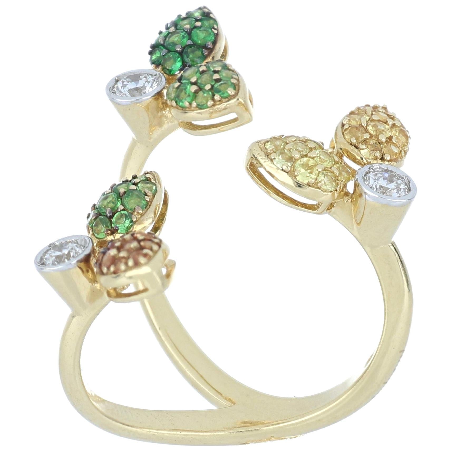 Ring Yellow Gold 18 Karat White Diamond VS Color G and Sapphires and Tsavorite For Sale