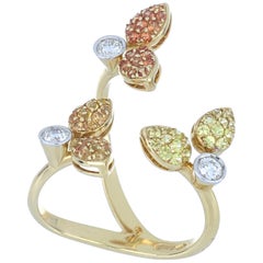 Ring Yellow Gold 18 Karat White Diamond VS color G Yellow and Orange Sapphires