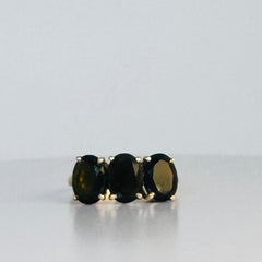 Ring Three Stone Yellow Gold 9k with Dark 3 Oval Dark Green Tourmalines 3 Carat