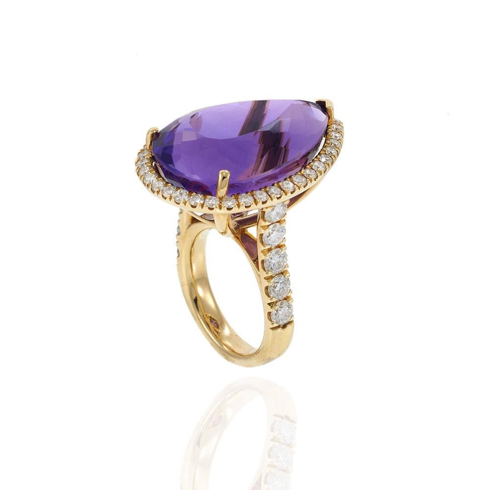 BagueBague en or jaune 14KT avec halo d'améthyste en forme de poire et de diamant Pour femmes en vente