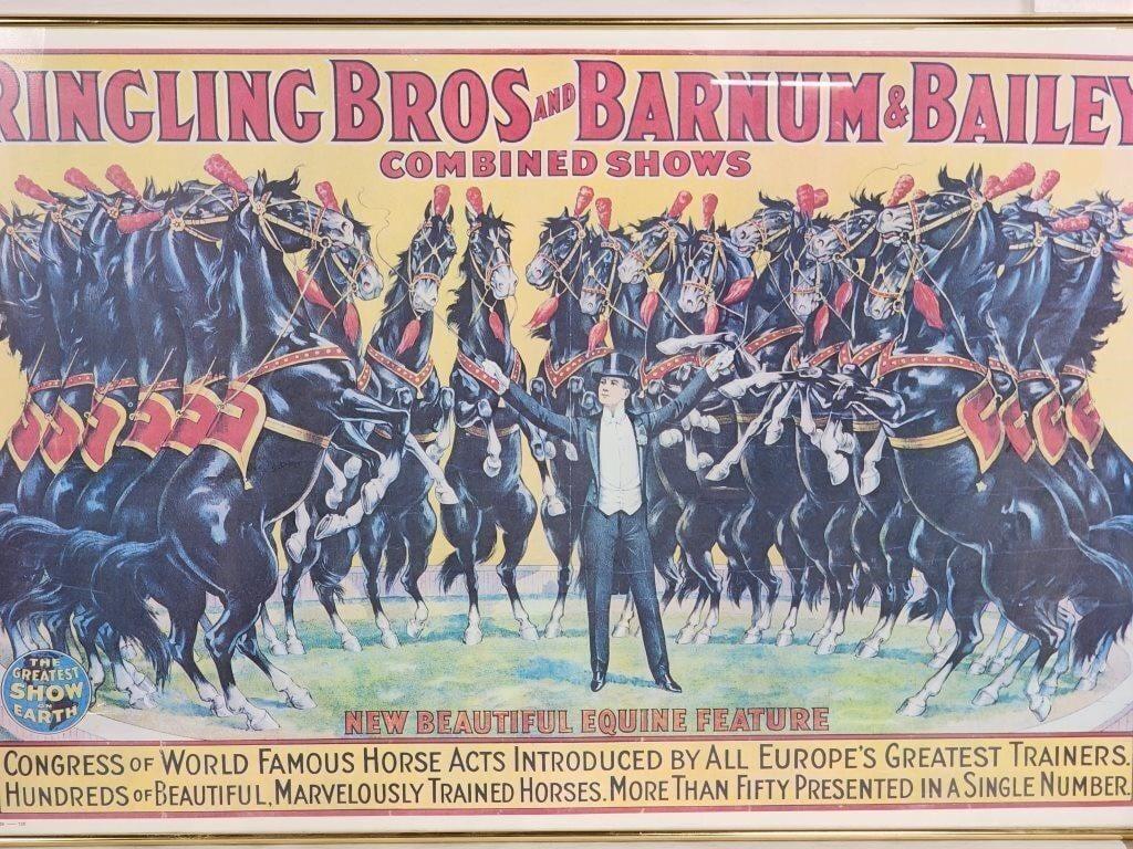 Ringling Bros und Barnum & Bailey Poster. Eine der besten Shows der Welt. Dieses Plakat zeigt viele Pferde, die in der Hauptvorstellung der Show um den Ringführer herum stehen und tanzen. Wunderschönes Poster in tollem Zustand.  Maße 24 x 36
