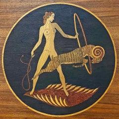 "Ringmaster and Ram", Art Deco Circus Theme Marquetry Panel w/ Female Nude