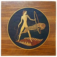 "Ringmaster and Ram", Art Deco Circus Theme Marquetry Panel w/ Female Nude