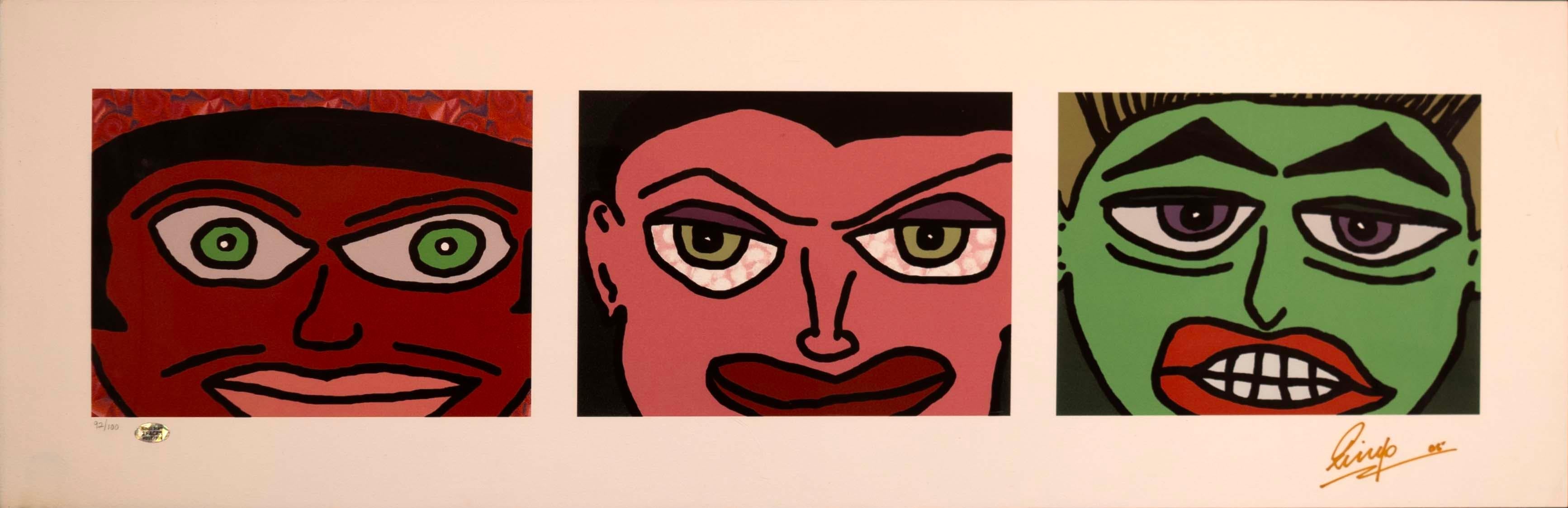 An amusing contemporary pop art inspired serigraph on paper titled “3 Faces” by famed musician and artist Ringo Starr. Hand signed and dated 2005 by the artist bottom right with an annotation of 92/100 on the bottom left. An authenticity hologram