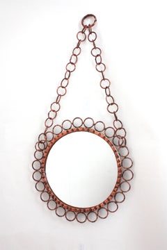 Brutalist Wall Hanging Mirror with Rings Frame in Wrought Copper, Italy 1950s