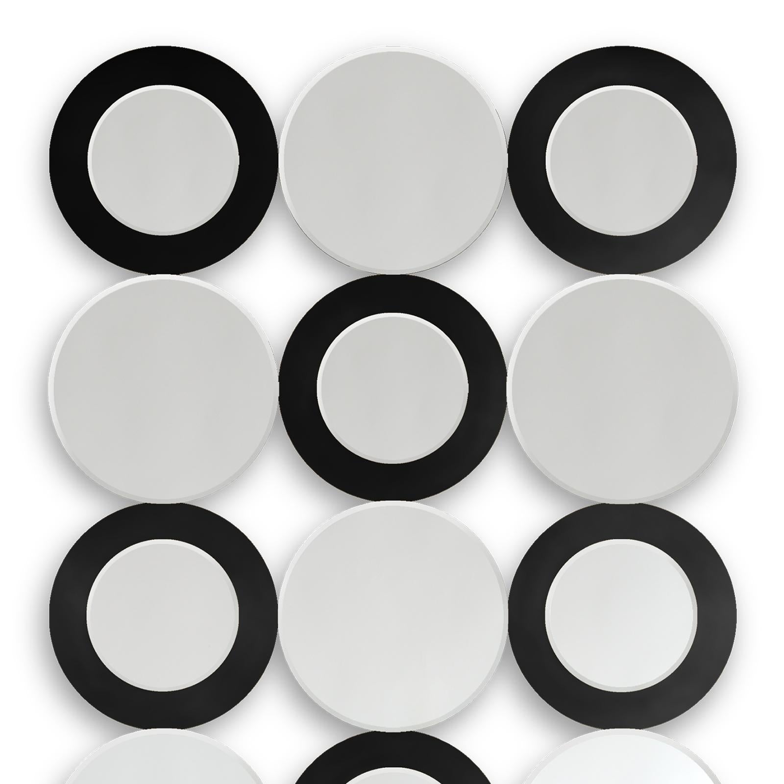Mirror rings with 18 round clear mirror glass.
With black finish rings on 9 mirrors.
Also available with gold finish rings on 9 mirrors.