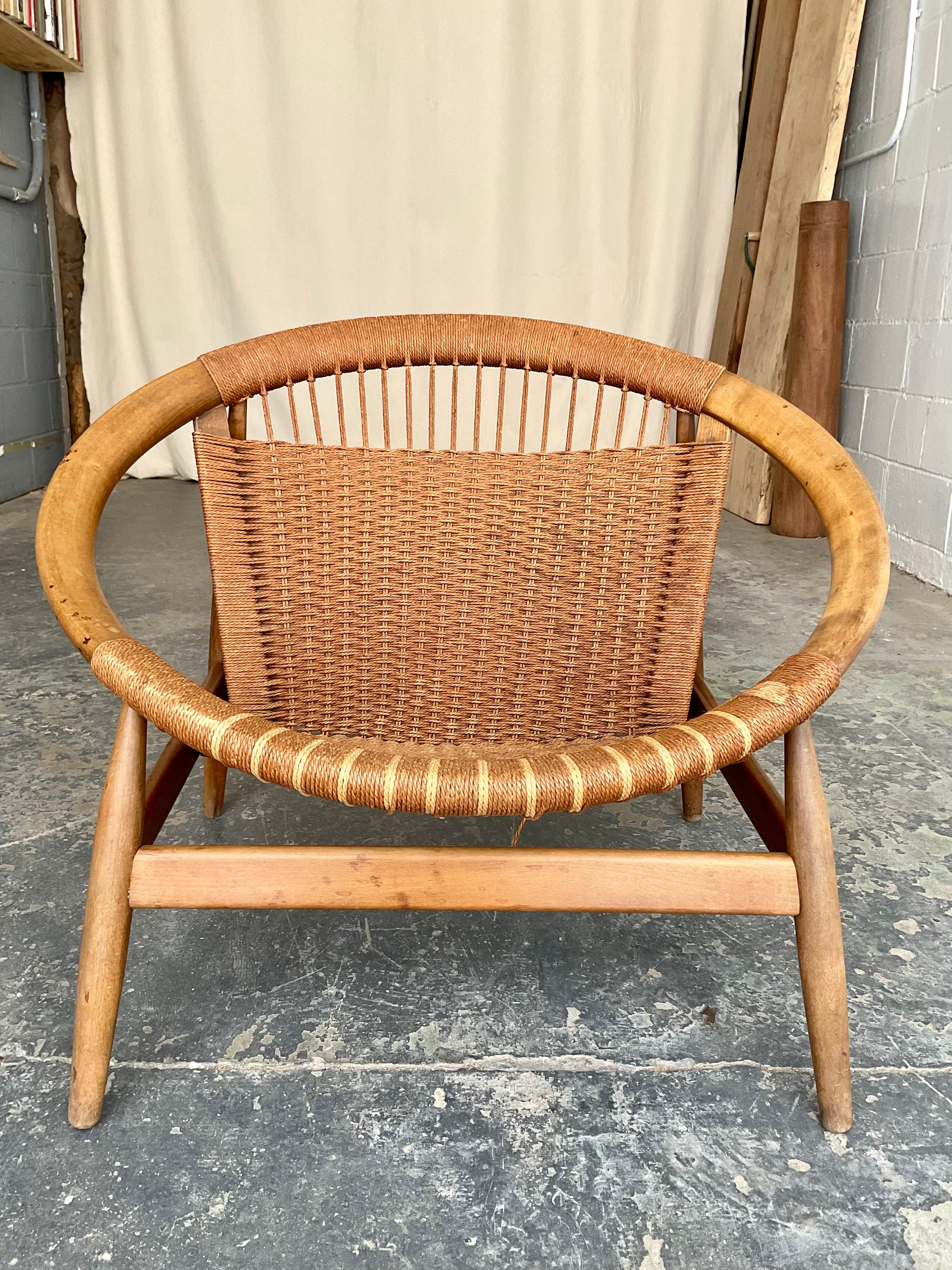 Mid-20th Century “Ringstol” by Illum Wiikkelsø for Niels Eilersen in Beechwood and Cord, 1950s For Sale