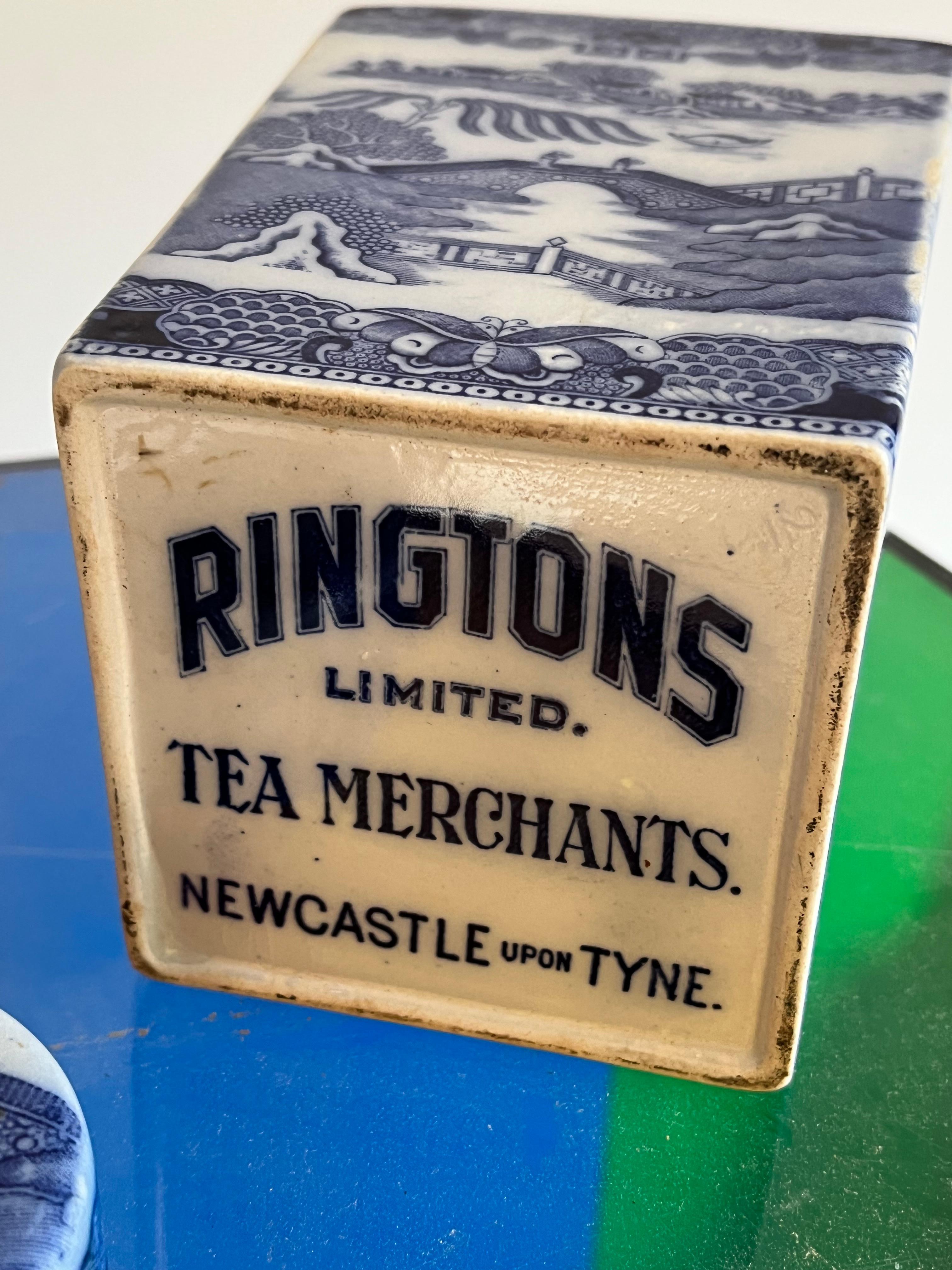 A Chinese export tea canister made for the Rington’s Tea Company, circa 1930, model #B85, in the blue Willow pattern, retaining its original porcelain lid. 