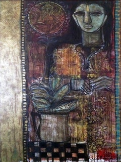 Devi, Óleo sobre Lienzo, Rojo, Granate, Negro por el Artista Indio Rini Dhumal "En Stock"