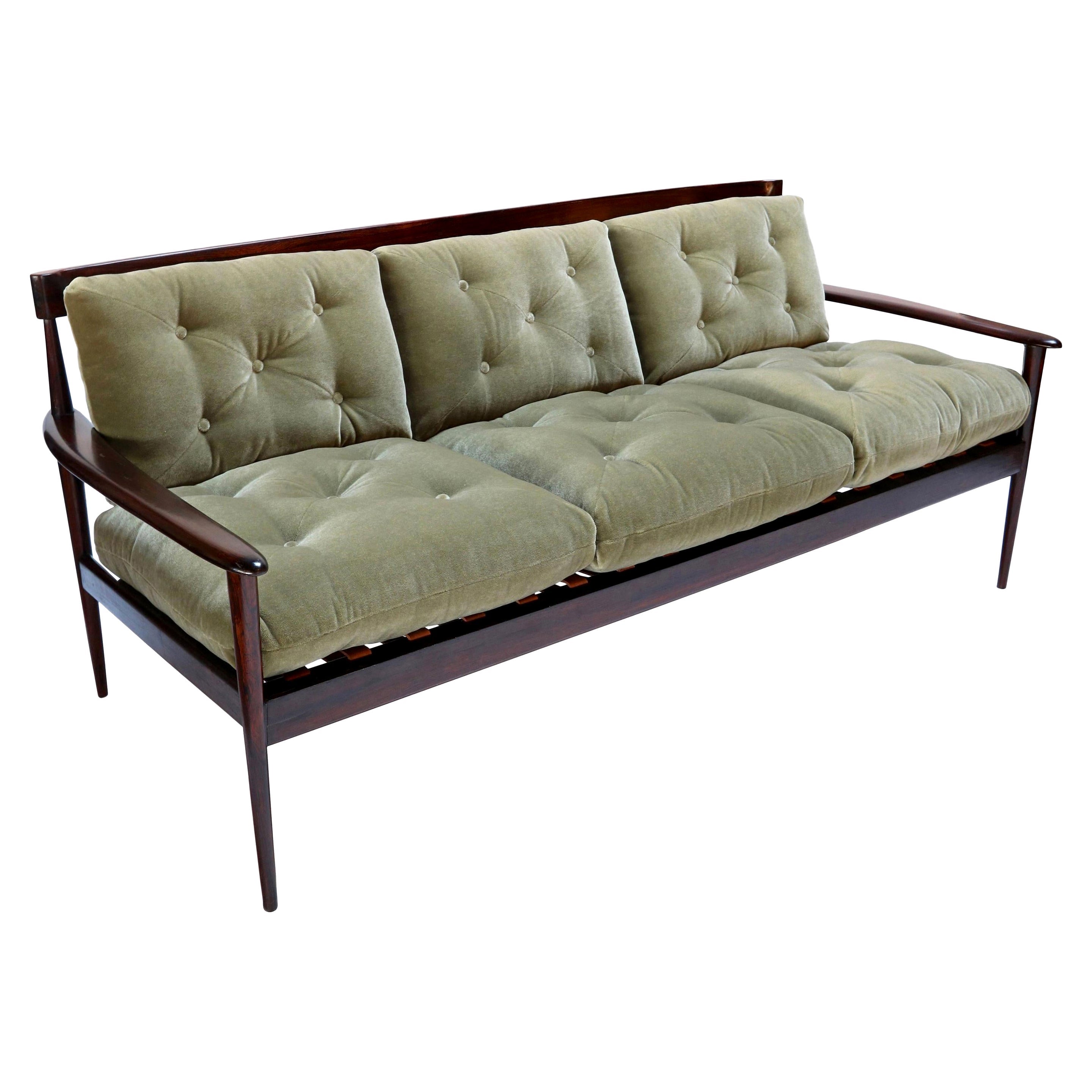Rino Levi 1960s Brazilian Jacaranda Wood Sofa in Green Mohair