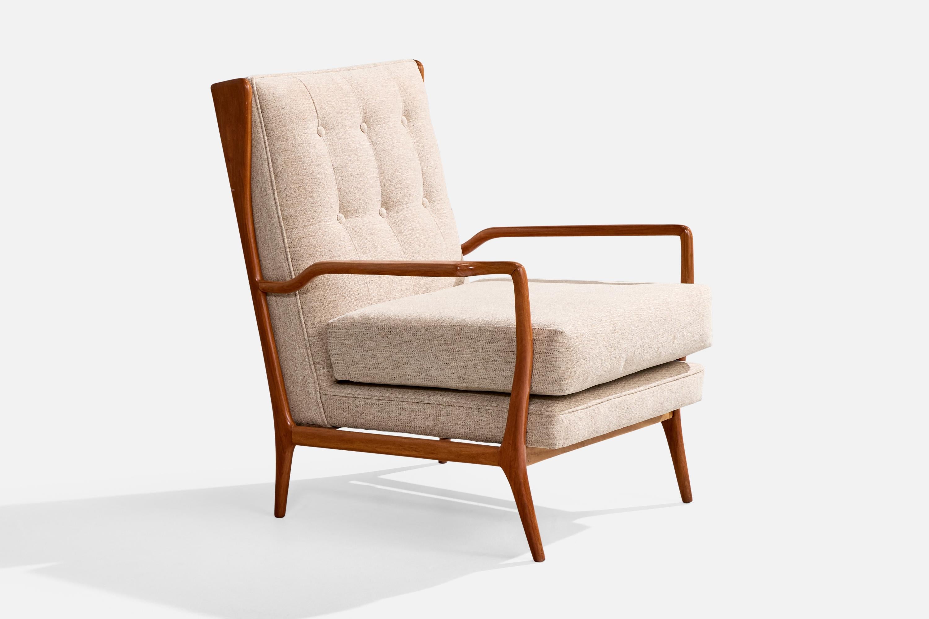 Sedia da salotto in legno e tessuto beige progettata e prodotta da Rino Levi, Brasile, anni '60 circa.

Dimensioni complessive (pollici): 33.75 
