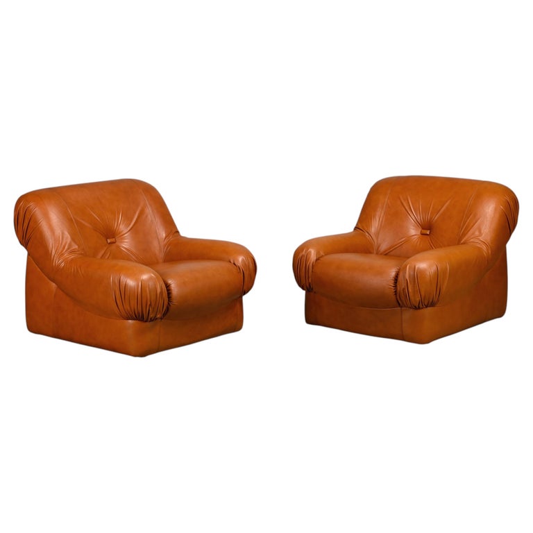 Rino Maturi Depositato Lounge Chairs in cognac leather for Mimo Padova, 1970s